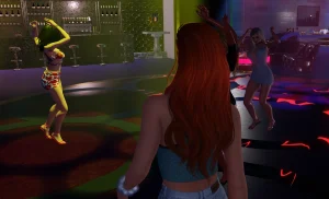 Redheaded avatar entering the dancefloor in 3DXChat