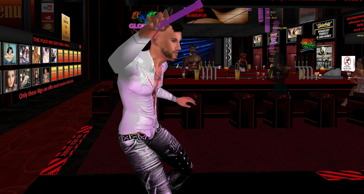 Avatar dancing with a glowstick in a nightclub in the Red Light Center game